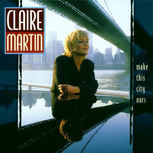 "Album cover featuring a woman sitting on a bridge with a city skyline."