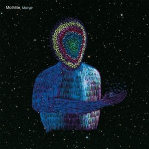 A blue, abstract figure with a colorful head against a starry black background.