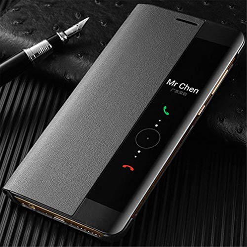 "Black smartphone with a gray flip cover on a black textured surface."