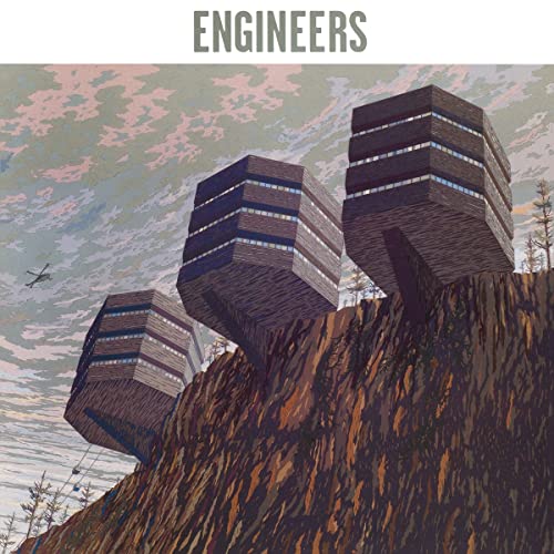 Album cover for "Engineers" featuring precarious, angular buildings on a hill.