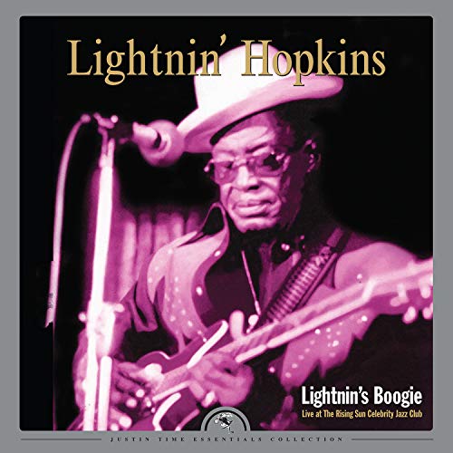 Album cover featuring Lightnin' Hopkins playing guitar, wearing a white cowboy hat, in purple tone.