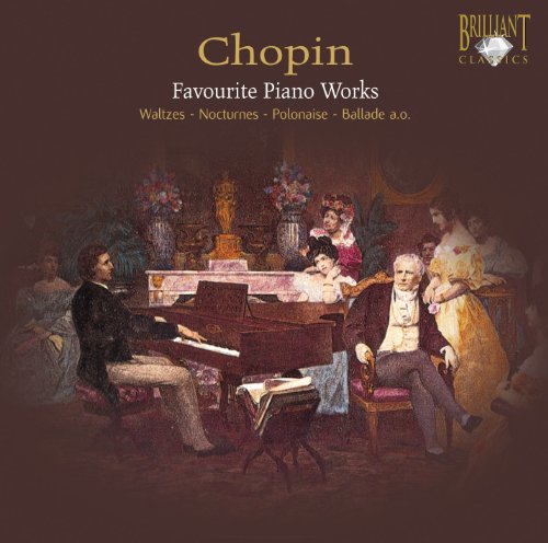 "CD cover with 19th-century scene of man playing piano for audience, 'Chopin' text above."