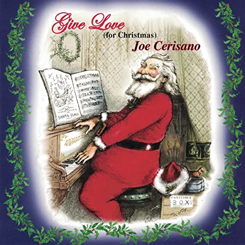 Santa Claus playing piano with sheet music, Christmas album cover.