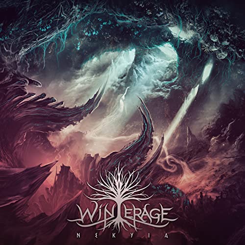 Dark fantasy album cover with a tree-like symbol and swirling clouds.