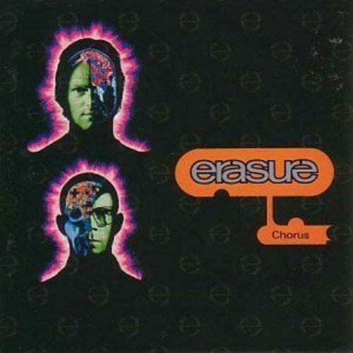 "Erasure album cover with orange text and abstract head illustrations on a black background."