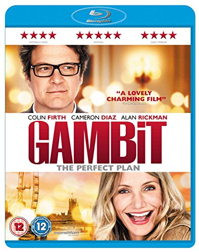 “Gambit” Blu-ray cover featuring Colin Firth, Cameron Diaz, and Alan Rickman.