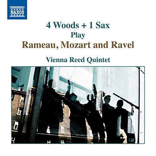 "CD cover with musicians playing instruments, Vienna Reed Quintet, white background, NAXOS logo."