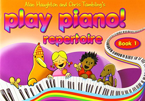 "Piano book cover with cartoon children and dog on rainbow piano keys, orange background."