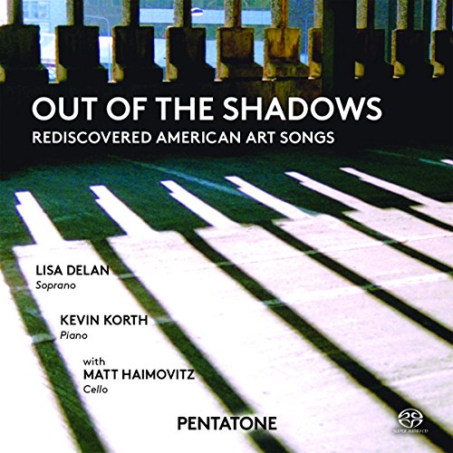 "Album cover with piano keys and text 'Out of the Shadows' and artist names."
