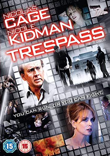 DVD cover for "Trespass" featuring Nicolas Cage and Nicole Kidman with action scenes.