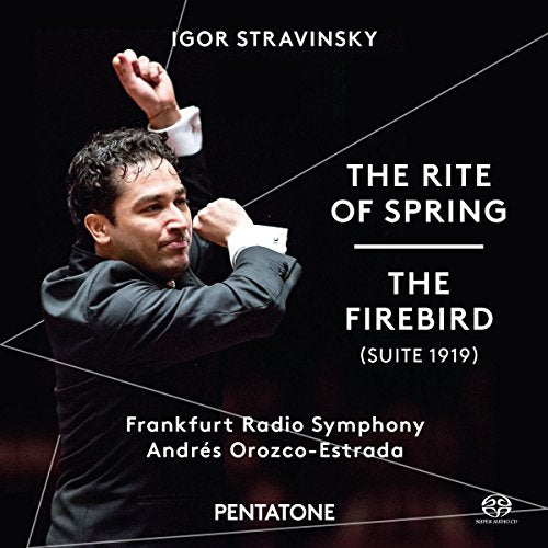 CD cover with conductor gesturing, white text on dark background, Stravinsky's compositions listed.