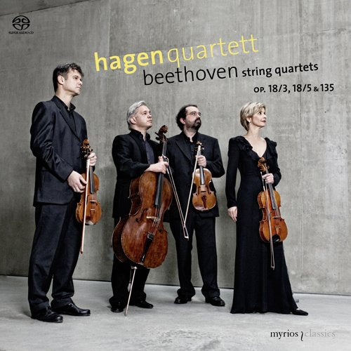 CD cover featuring the Hagen Quartet musicians holding instruments, dressed in black.
