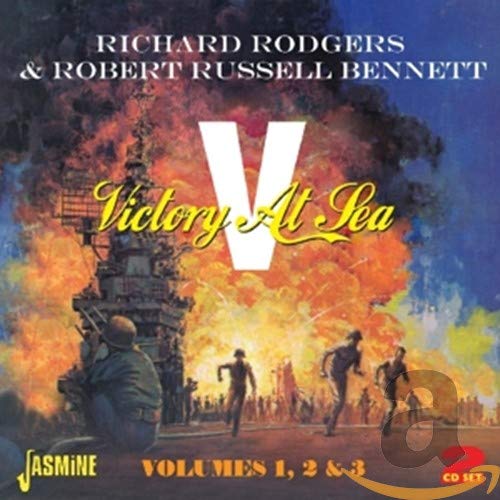 CD cover for “Victory At Sea” with naval ship and explosions.
