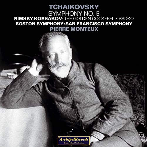 Black and white portrait of conductor Pierre Monteux, CD cover art.