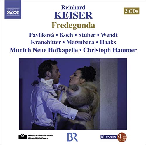 CD cover for Keiser’s “Fredegunda” opera, featuring a dramatic stage scene.