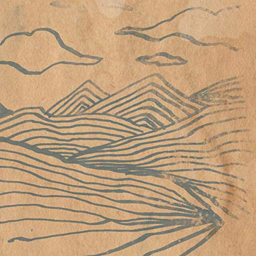 Line drawing of mountains and fields on a brown paper background.