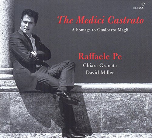 Black and white photo of a man on a stone bench, classical music CD cover.