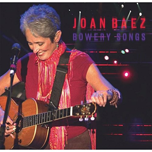 Joan Baez album cover: woman playing guitar on stage with red and purple text.