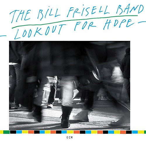 "Album cover with black and white photo of people walking, colorful border at bottom."