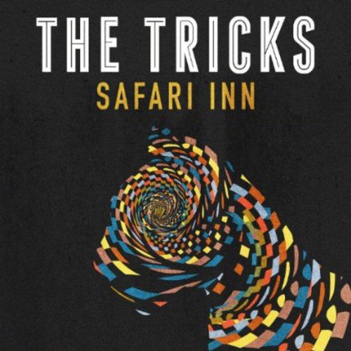 The image shows a black album cover with a colorful spiral design and text. Alt text: Black album cover with "The Tricks Safari Inn" and colorful spiral design.