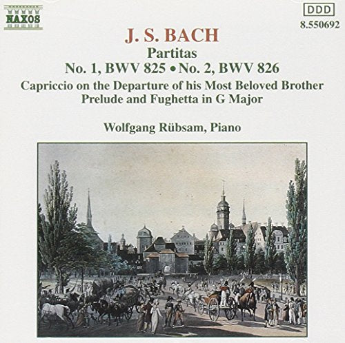 CD cover for J.S. Bach’s Partitas, featuring a historical town scene.