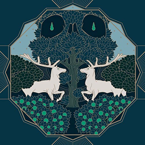Dark blue album cover featuring a stag and tree design within a geometric frame.
