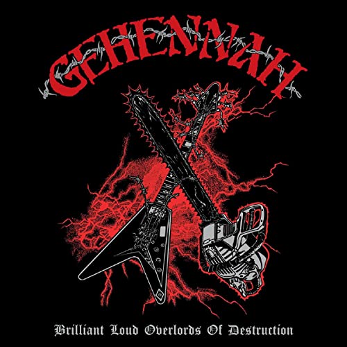 Black album cover with red lettering, a guitar, and a chainsaw illustration.