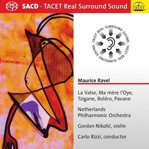 "CD cover with abstract art and text listing Ravel compositions and orchestra details."