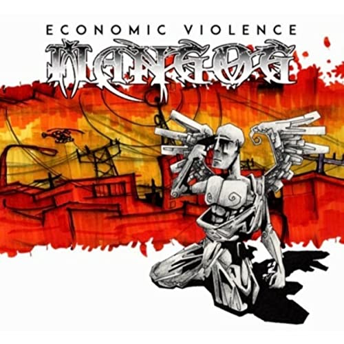 CD cover for Mangog’s “Economic Violence” with robot and cityscape art.