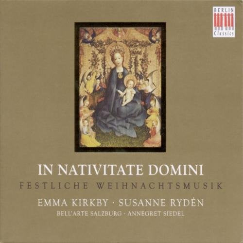 "CD cover with medieval painting of Mary and baby Jesus, beige background, white and brown text."