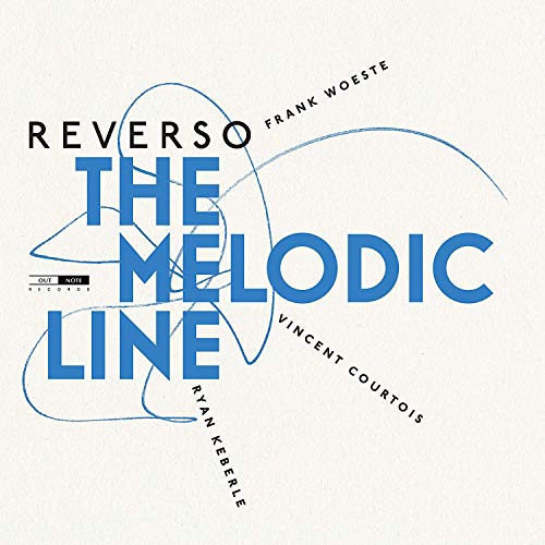 "Album cover with blue text 'The Melodic Line' on a white background."