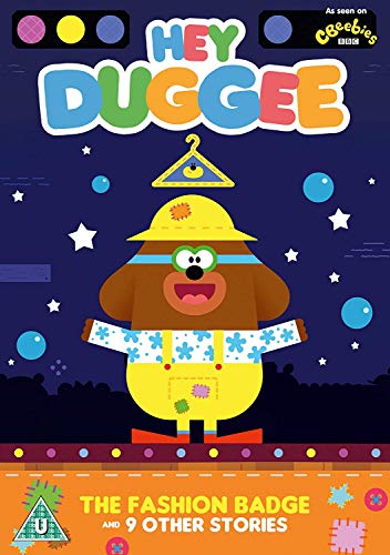 Duggee wearing a yellow hat and patterned clothes on a dark blue starry background.