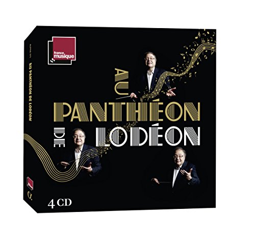"CD cover with three conductors and gold musical notes on a black background."