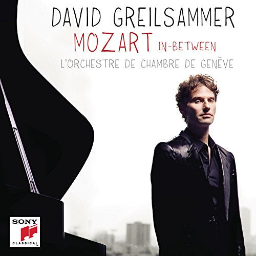 CD cover featuring David Greilsammer and a piano, titled “Mozart In-Between.”