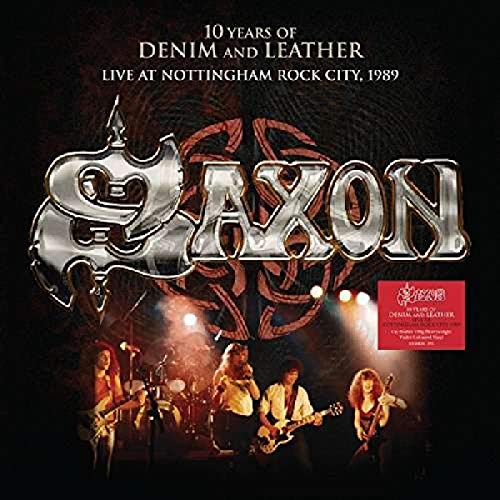 Saxon band logo and musicians performing on stage, with red and silver accents.
