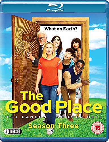 "The Good Place: Season Three" Blu-ray cover featuring main characters peeking from an open door.