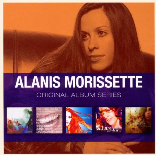 Alanis Morissette album cover with her portrait and five smaller album covers below.