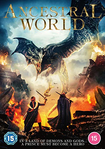 DVD cover for "Ancestral World" featuring a dragon, warriors, and a burning castle.