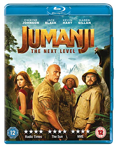 Jumanji: The Next Level" Blu-ray cover featuring Dwayne Johnson, Kevin Hart, and cast.