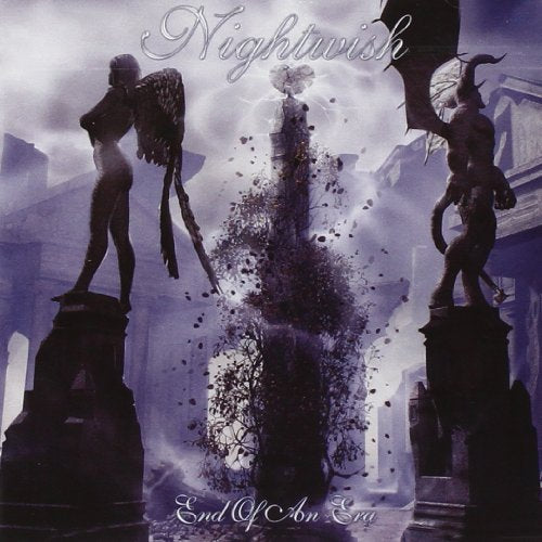 "Nightwish album cover featuring statues of angel and demon amidst destruction."