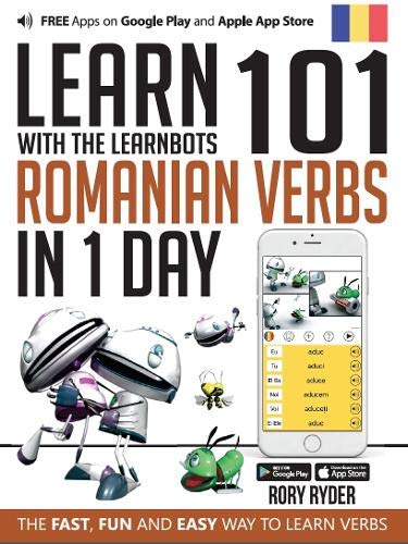 "Book cover with title, cartoon robots, and a phone displaying a language learning app."