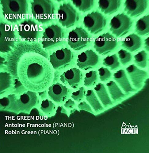 "Diatoms" CD cover featuring a green microscopic diatom image with white text overlay.