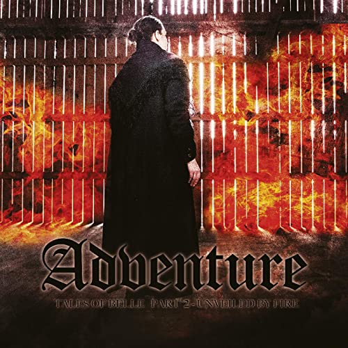 Man in black coat stands before fiery, barred background; album cover.