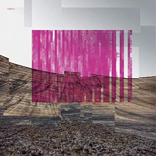 The image shows a vinyl record cover with a distorted, layered design. Here is a possible alt text: "Vinyl record cover with layered, abstract design featuring pink, gray, and brown hues."