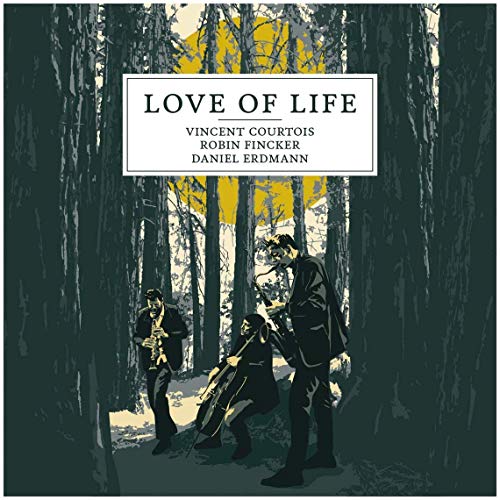"Album cover art: three musicians in a forest, with title 'Love of Life'."