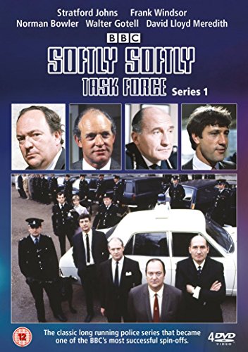 DVD cover for "Softly Softly Task Force: Series 1" with police officers and actors' images.