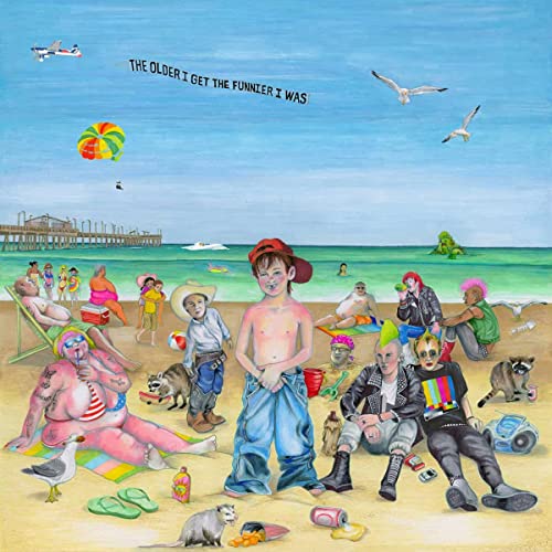 Album cover: beach scene with diverse people, animals, and a colorful sky.
