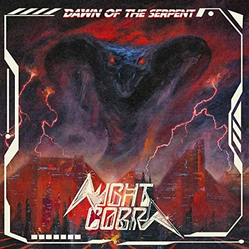 CD cover: a menacing cobra head with red eyes amidst stormy city ruins.