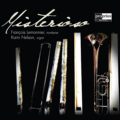 A black album cover with a trombone and text "Misterioso" in white cursive font.