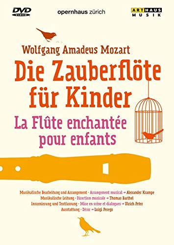 DVD cover for Mozart’s *The Magic Flute* adapted for children, with birds and a flute.